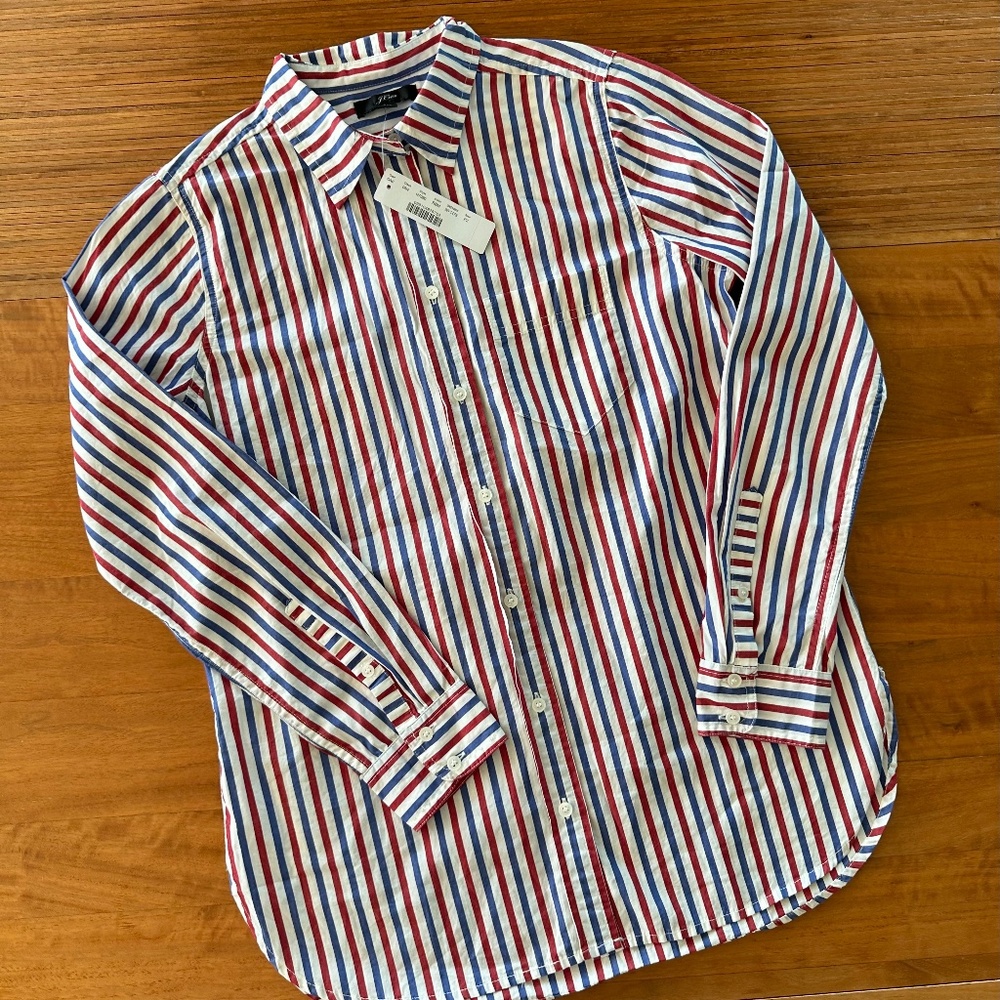 NWT J.Crew Classic Button Down Shirt - Striped Red White Blue - Petite 2